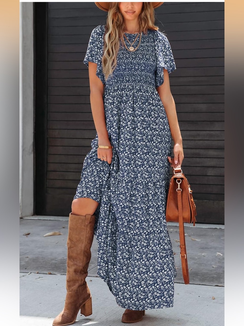 Blue Floral Smocked Maxi Dress